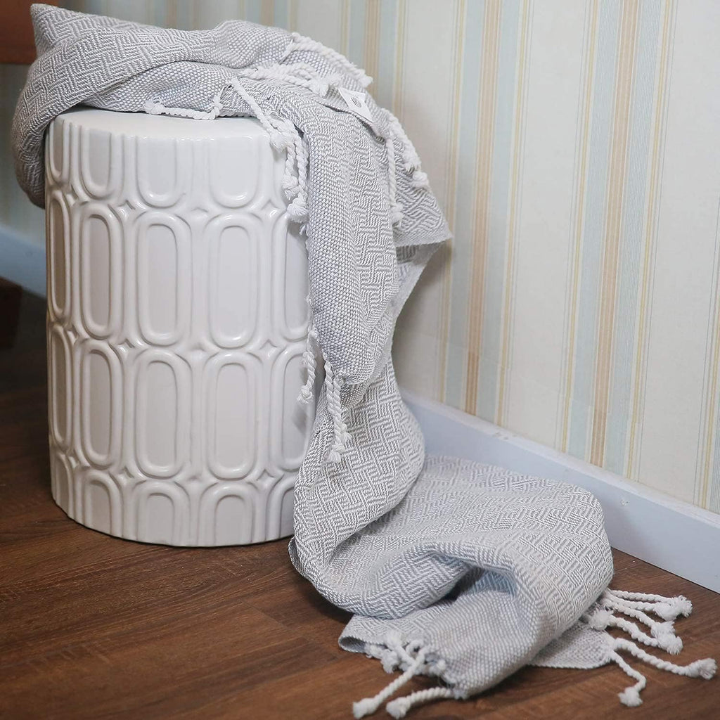 Heavy Duty Ceramic Garden Stool White Glazed Elliptical Pattern Side Table Z3094