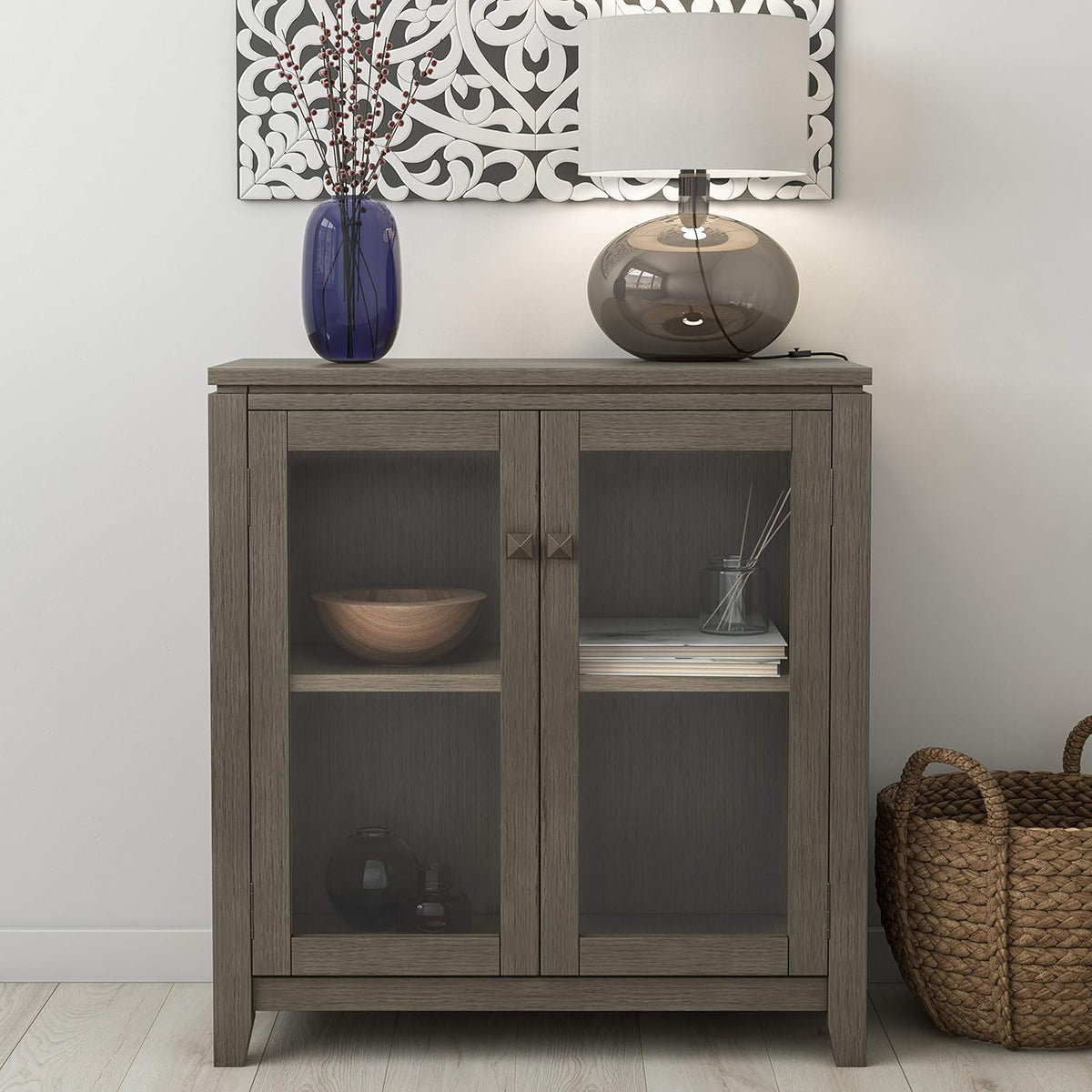 Farmhouse Brown 30 inch Wide Low Storage Cabinet with 2 Tempered Glass Doors P51876