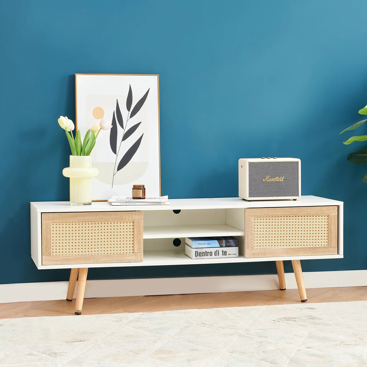 White Rattan TV Cabinet with Sliding Doors H7630