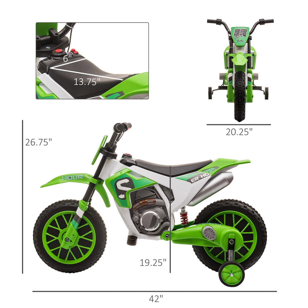 12V Battery-Powered Ride-On Motorcycle with Training Wheels Green B279287