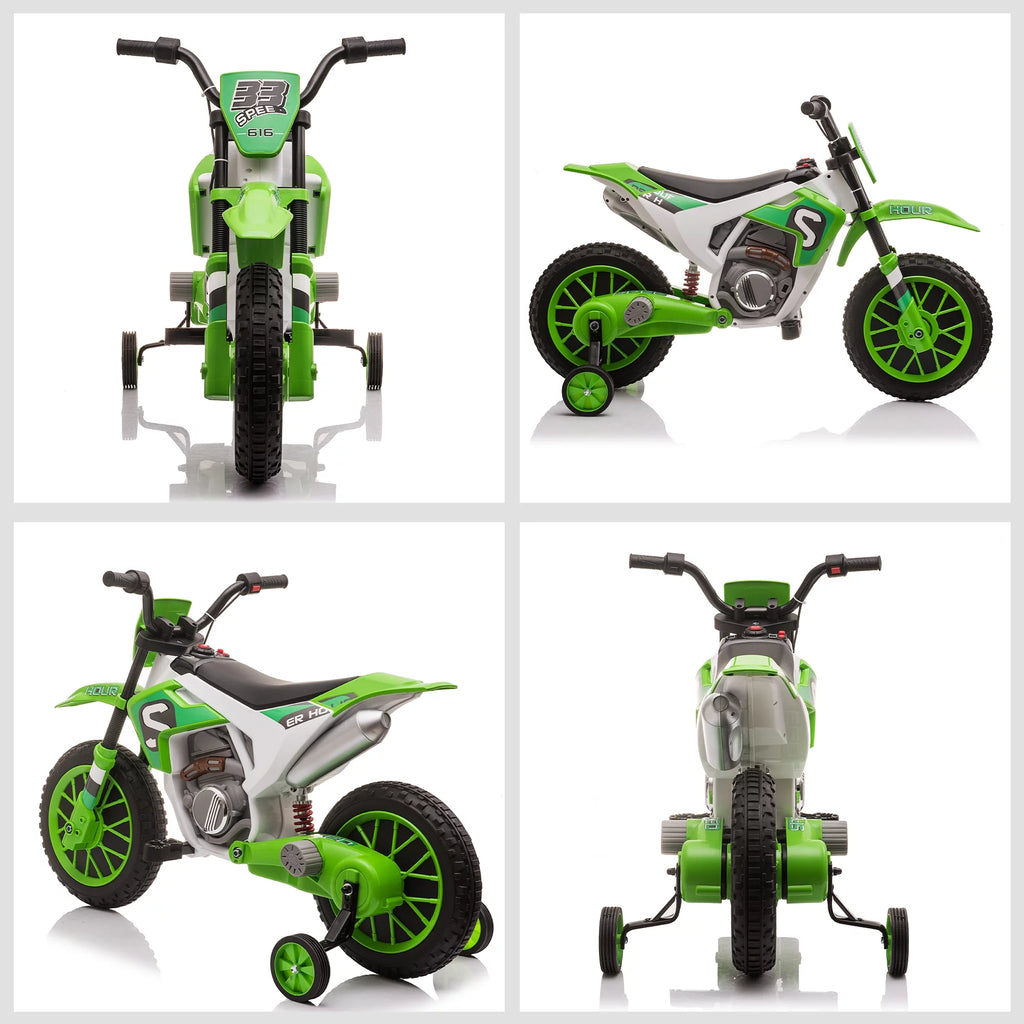 12V Battery-Powered Ride-On Motorcycle with Training Wheels Green B279287