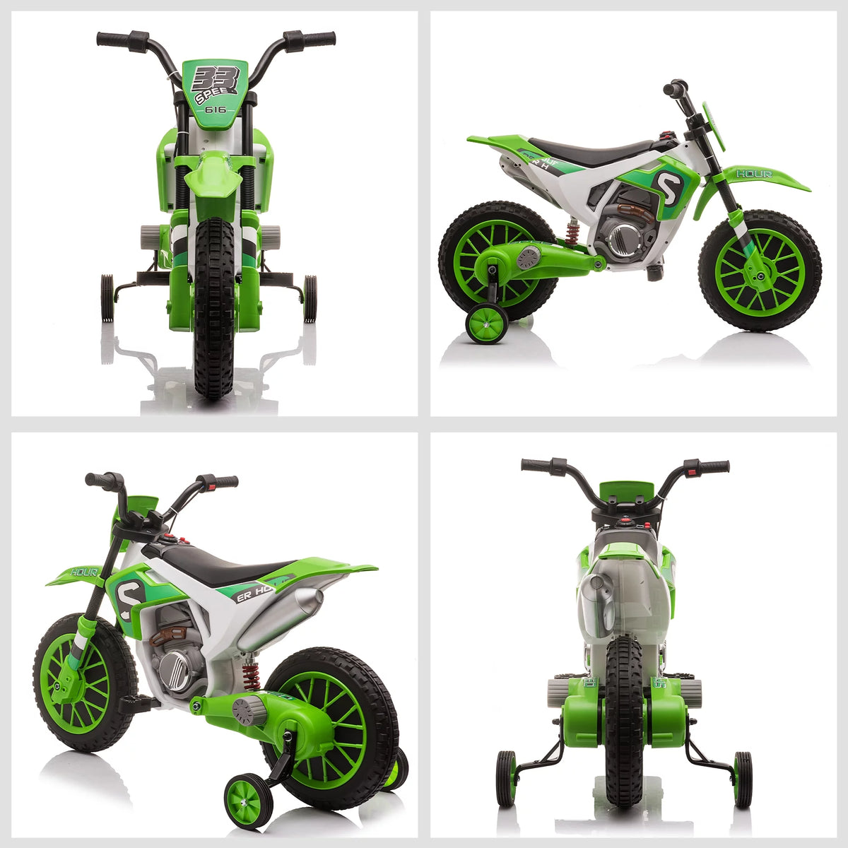 12V Battery-Powered Ride-On Motorcycle with Training Wheels Green B279287