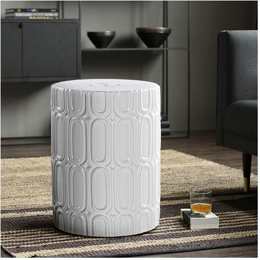 Heavy Duty Ceramic Garden Stool White Glazed Elliptical Pattern Side Table Z3094
