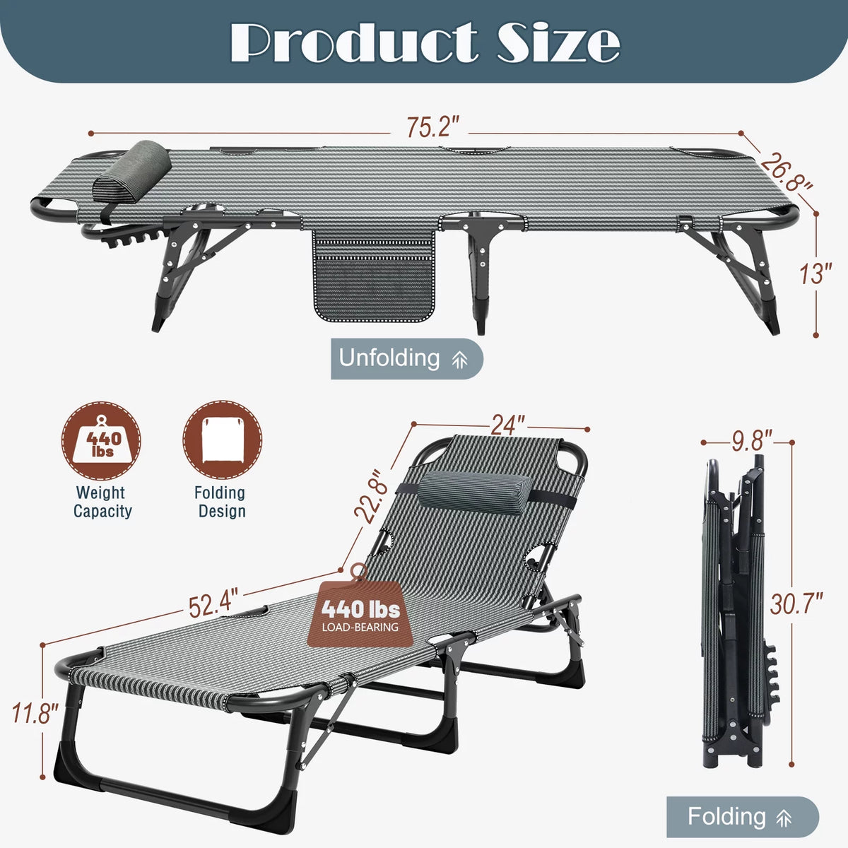 Adjustable 4-Position Folding Camping Cot with Pillow A69980