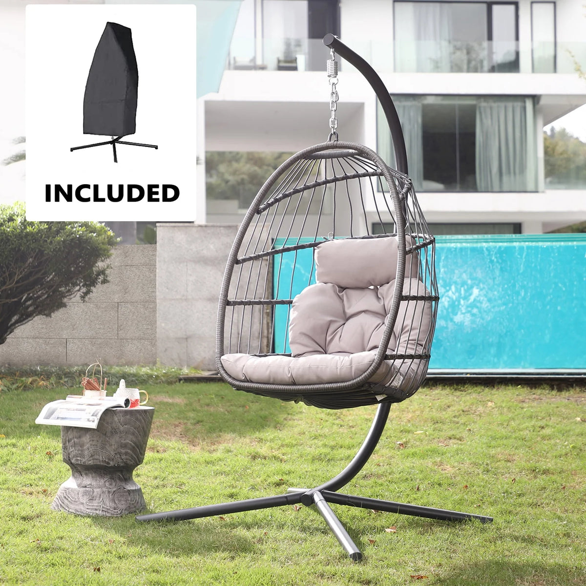 Grey Wicker Rattan Swing Egg Chair with Stand K486787