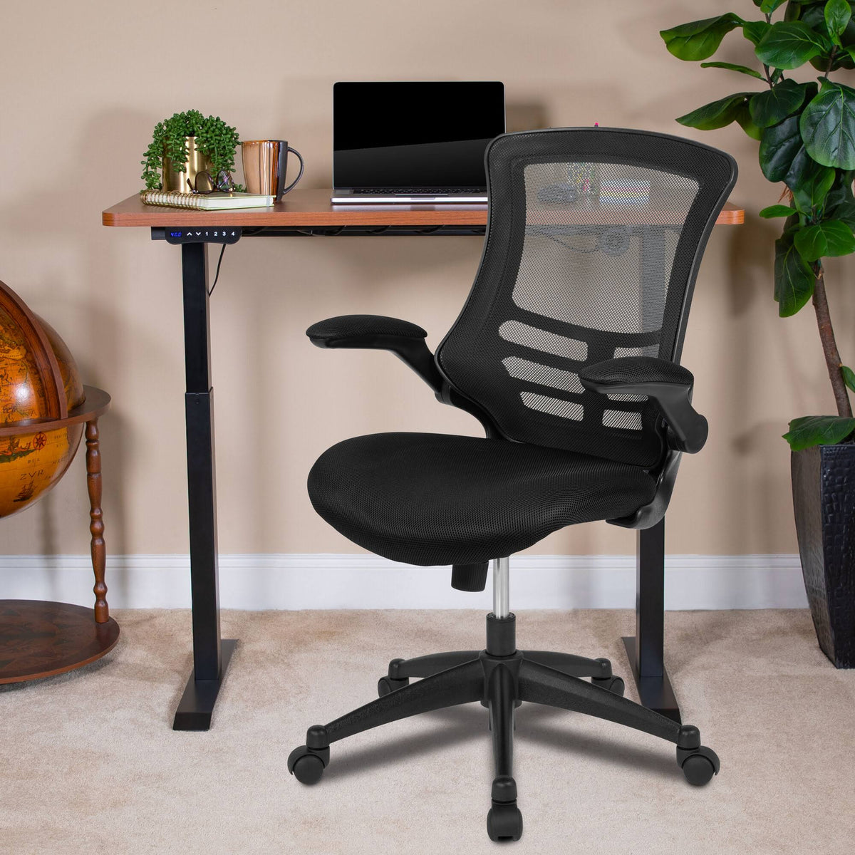 Mahogany Electric Height Adjustable Stand Up Desk with Black Mesh Swivel Ergonomic Task Office Chair X871673