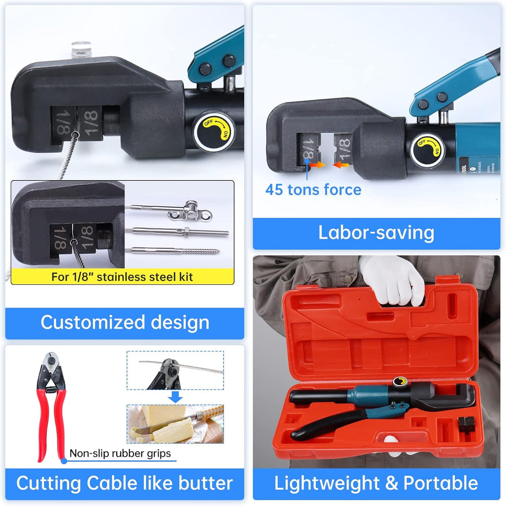 Hydraulic Hand Crimper Tool for 1/8" Stainless Steel Cable Railing Hardware Wire Rope Swaging with Wire Cable Cutter X85205
