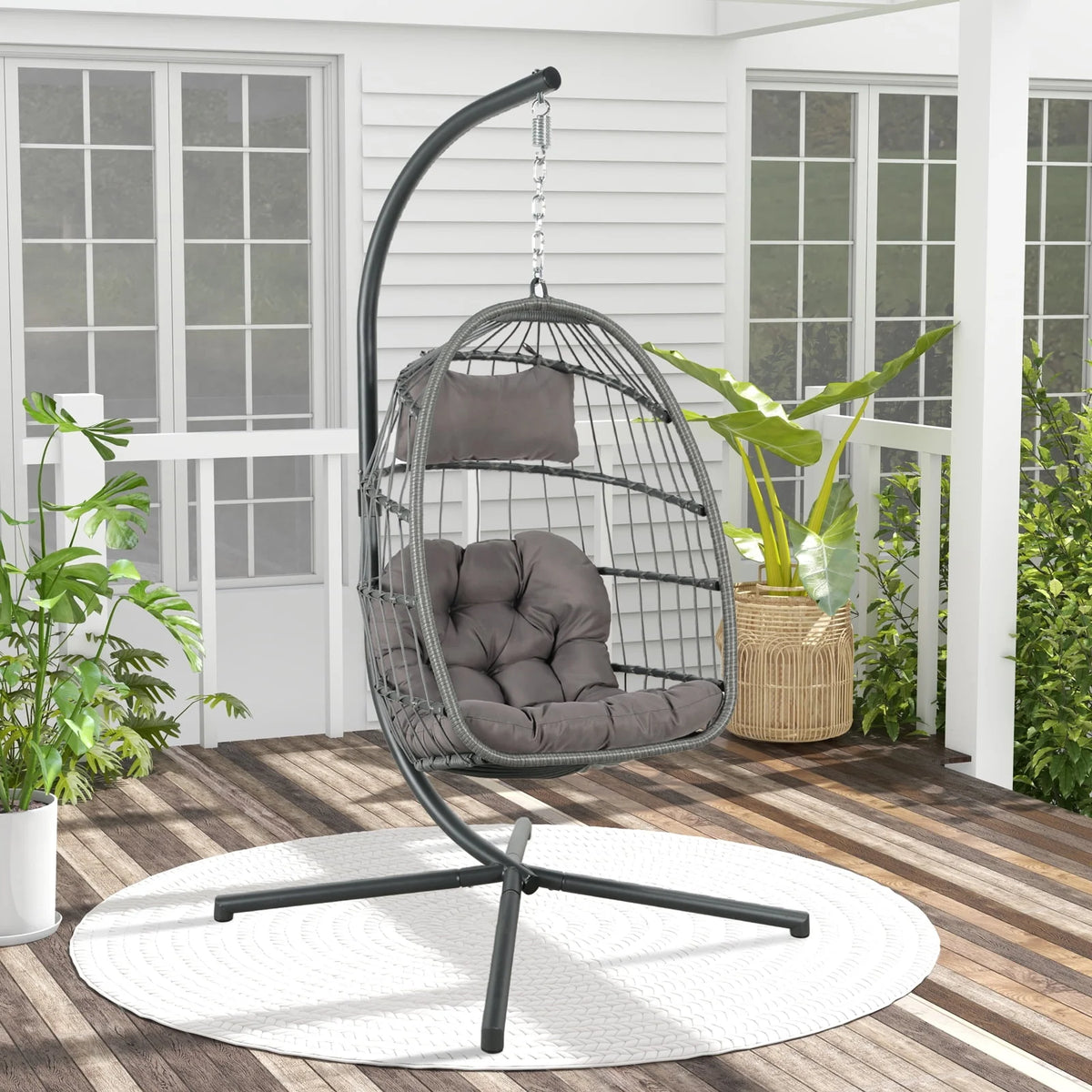 Grey Wicker Rattan Swing Egg Chair with Stand K486787