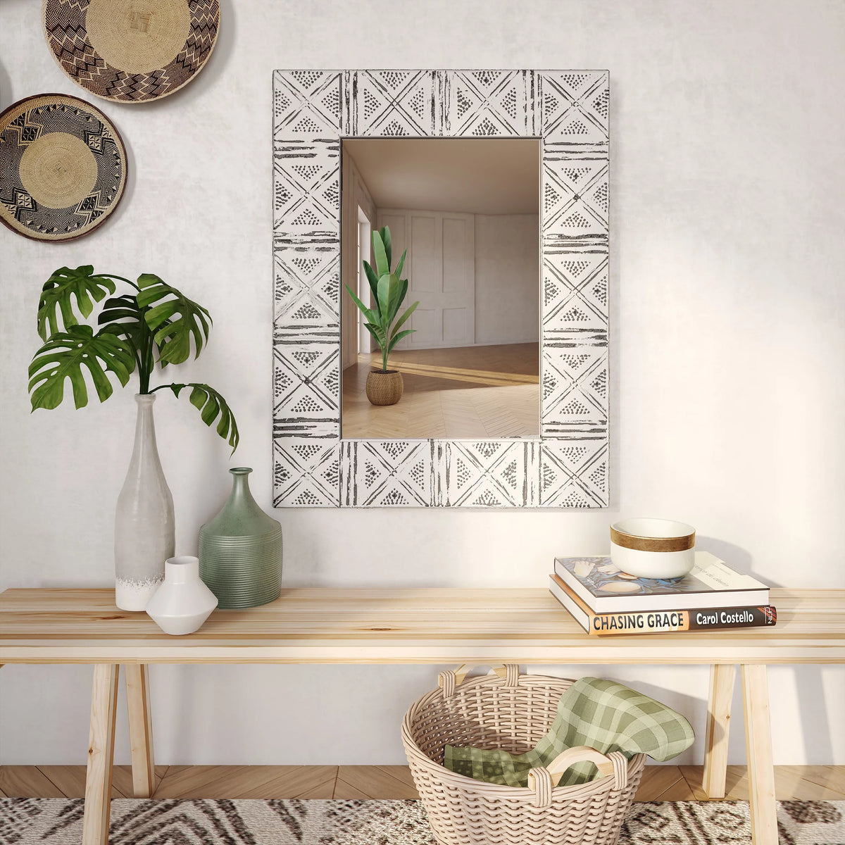 Distressed Metal Wall Mirror with Embossed Frame C90353