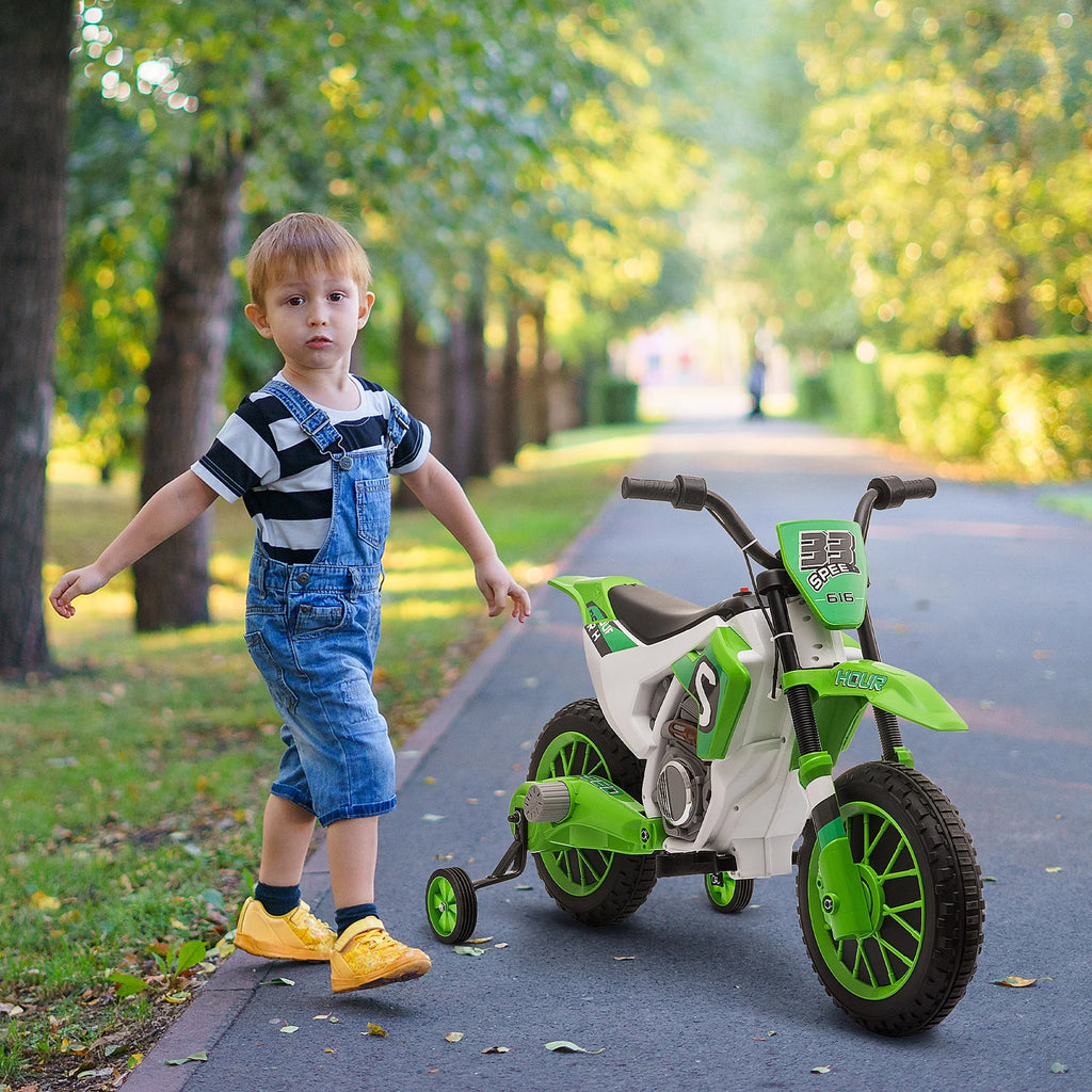 12V Battery-Powered Ride-On Motorcycle with Training Wheels Green B279287