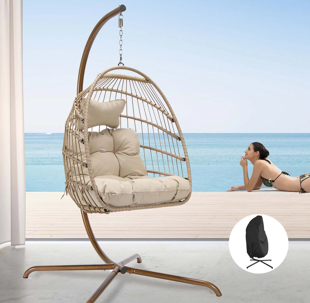 Foldable Brown PE Wicker Hanging Egg Chair with Stand M34549
