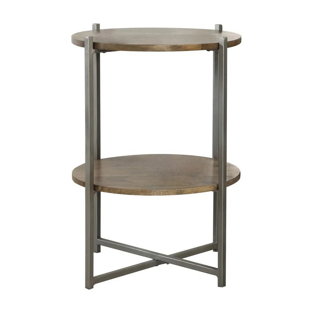 24 Inch Wood Round Accent Side End Table with 1 Open Shelf Gray Brown G624