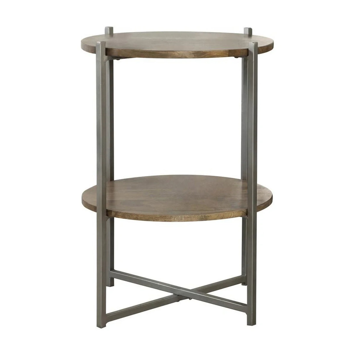 24 Inch Wood Round Accent Side End Table with 1 Open Shelf Gray Brown G624