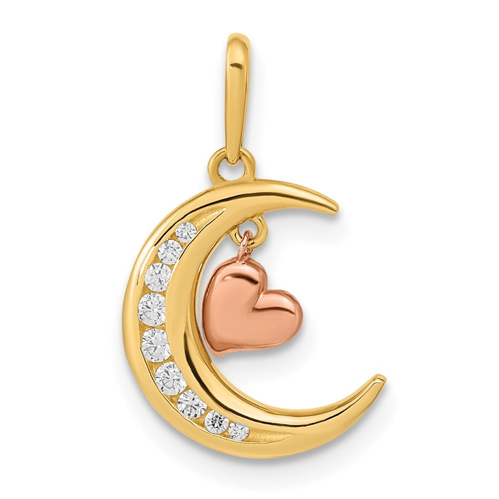 14k Two tone Gold CZ Moon Heart Pendant Necklace P70968