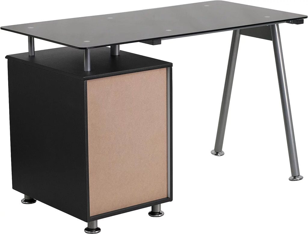Black Glass Computer Desk with Three Drawer Pedestal J158