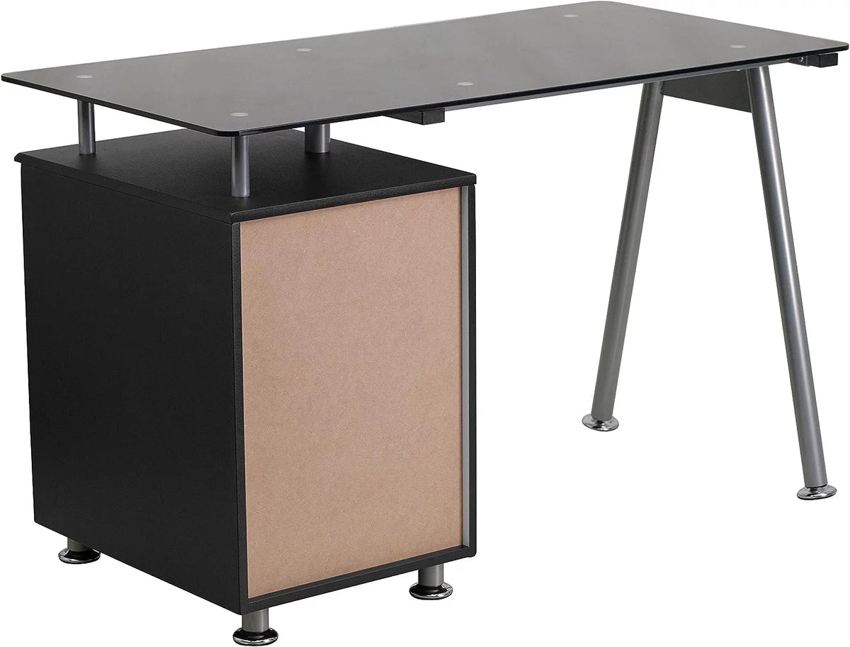 Black Glass Computer Desk with Three Drawer Pedestal J158