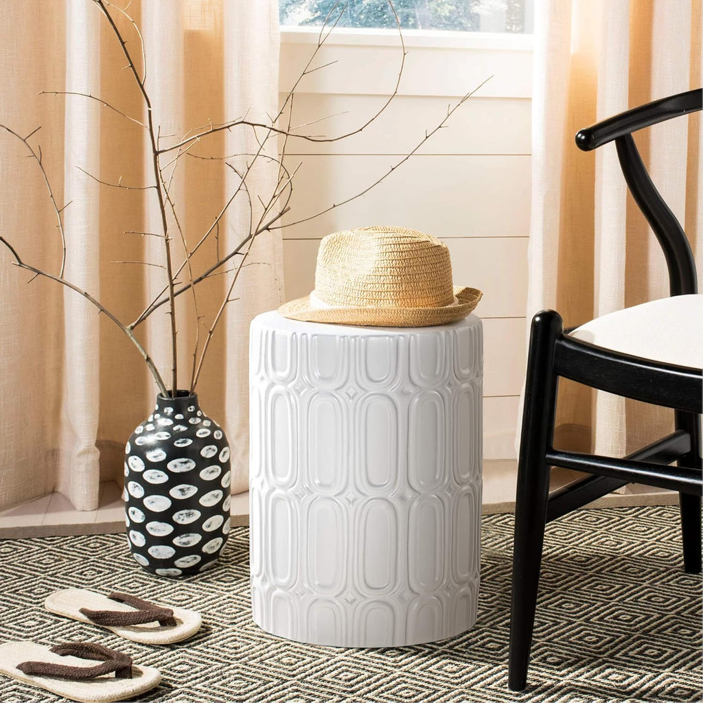 Heavy Duty Ceramic Garden Stool White Glazed Elliptical Pattern Side Table Z3094