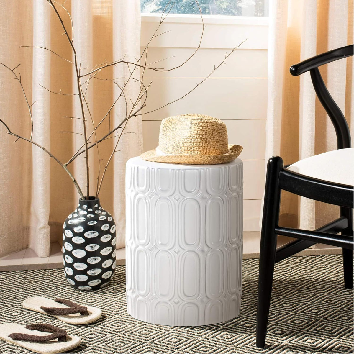 Heavy Duty Ceramic Garden Stool White Glazed Elliptical Pattern Side Table Z3094