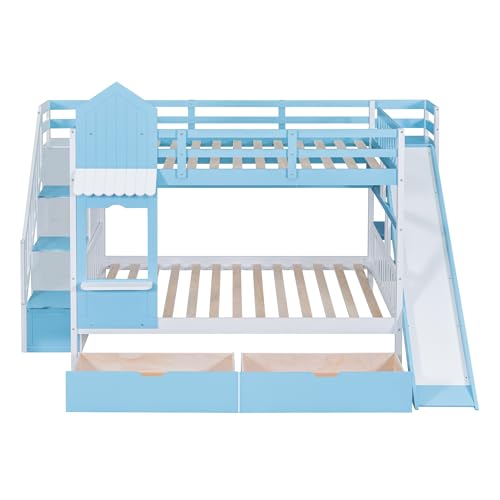 Gray Solid Wood Twin Over Twin Bunk Bed with Stairs and Slide H493288
