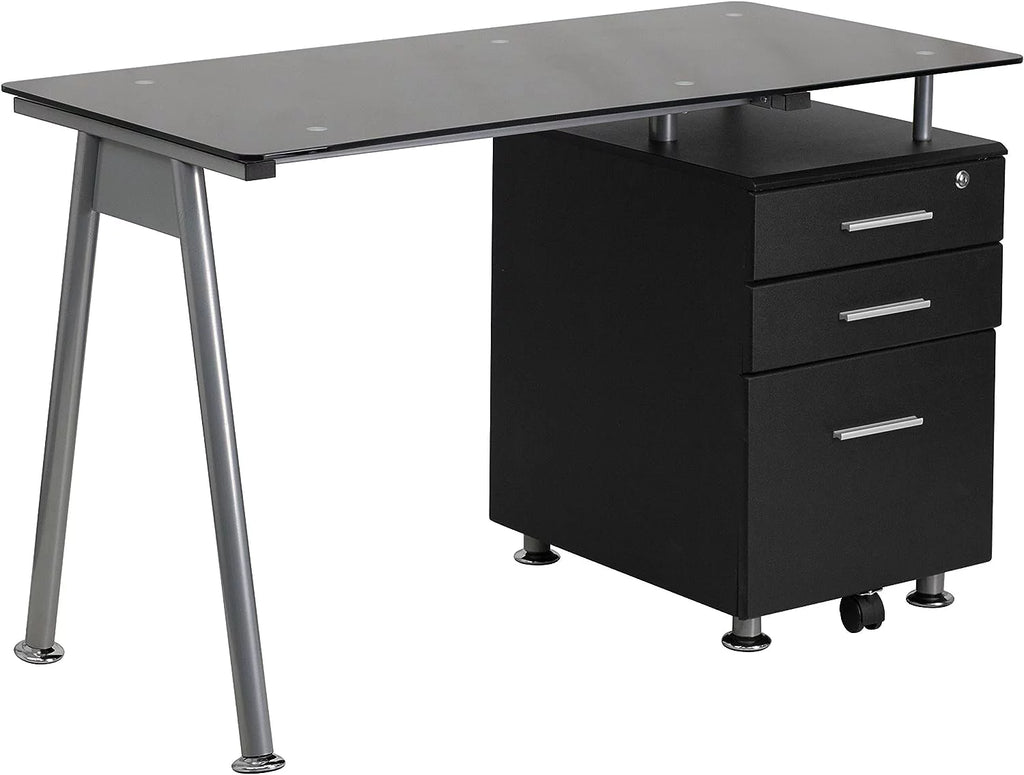 Black Glass Computer Desk with Three Drawer Pedestal J158