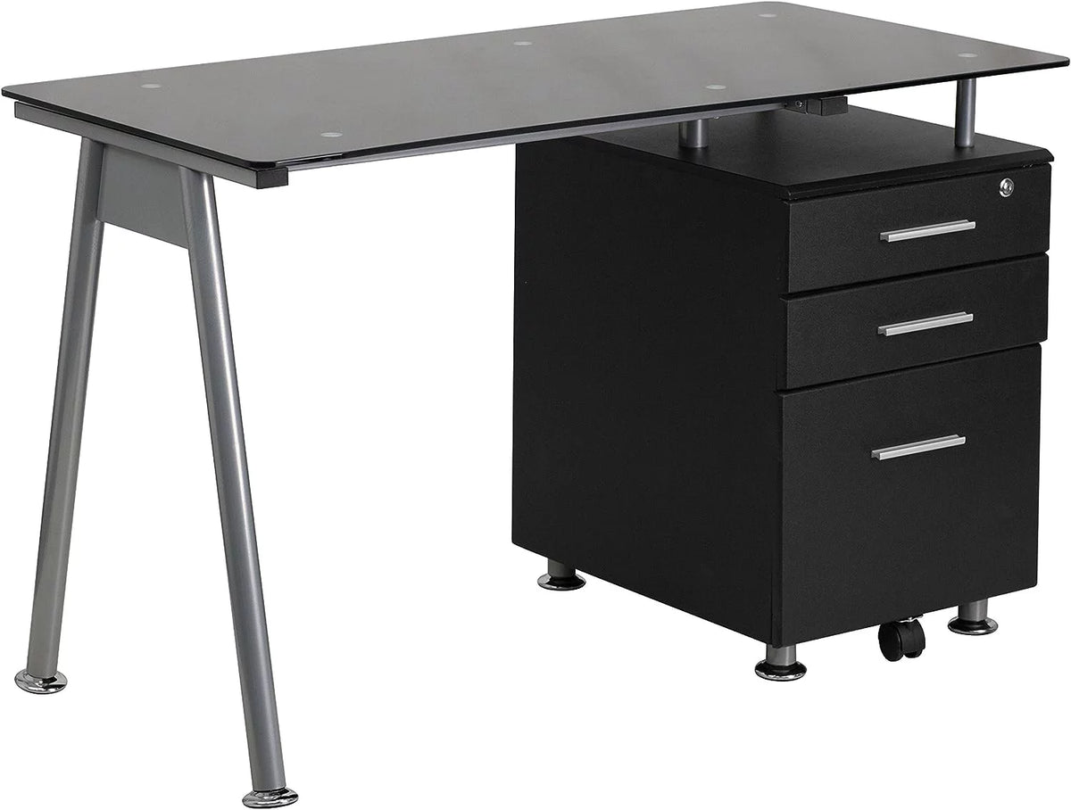Black Glass Computer Desk with Three Drawer Pedestal J158