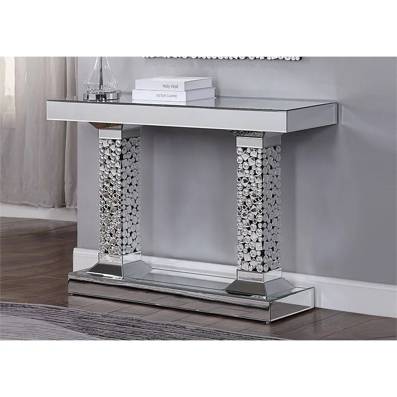 Wood and Mirror Console Table with Two Pedestal Base B4203