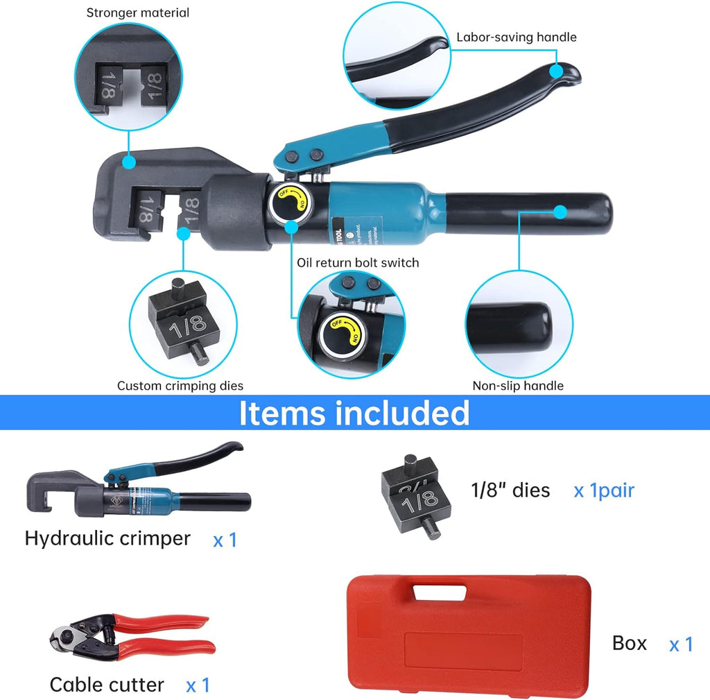 Hydraulic Hand Crimper Tool for 1/8" Stainless Steel Cable Railing Hardware Wire Rope Swaging with Wire Cable Cutter X85205