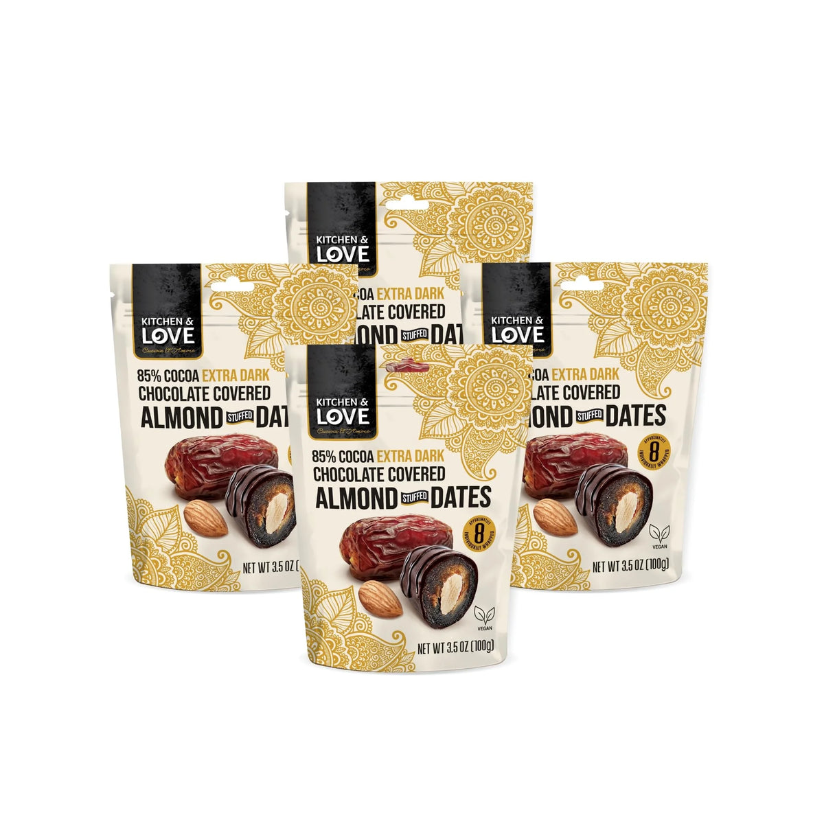 85% Extra Dark Chocolate Covered Almond Stuffed Dates 3.5 oz Pouch Pack of 4 F3580