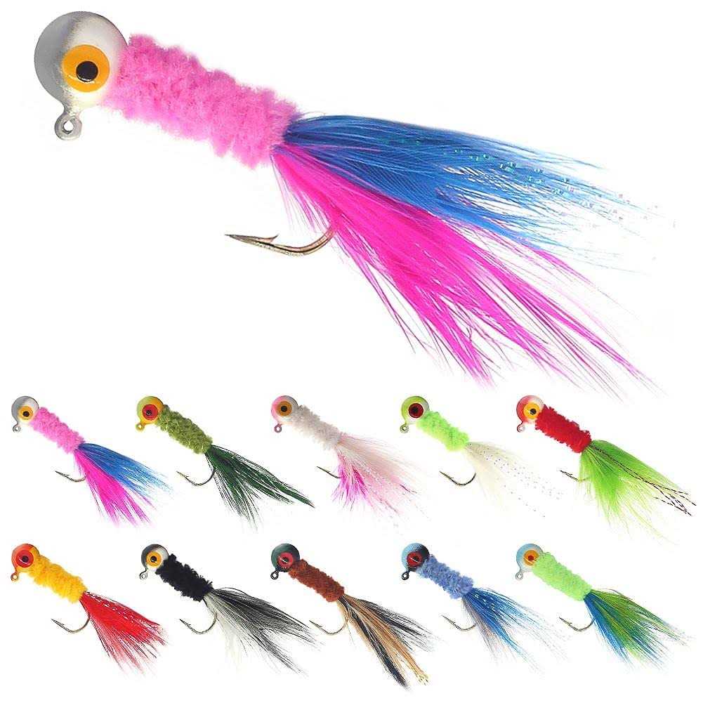 Marabou Feather Hair Jigs for Crappie Fishing Baits and Lures Kit Panfish Trout 1/8 1/16 1/32 oz Z401