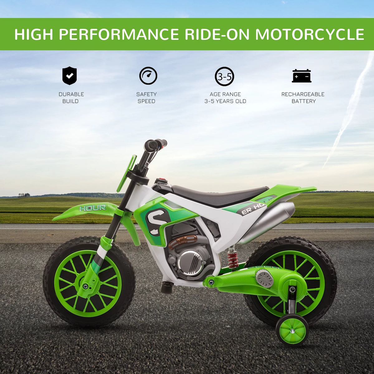 12V Battery-Powered Ride-On Motorcycle with Training Wheels Green B279287