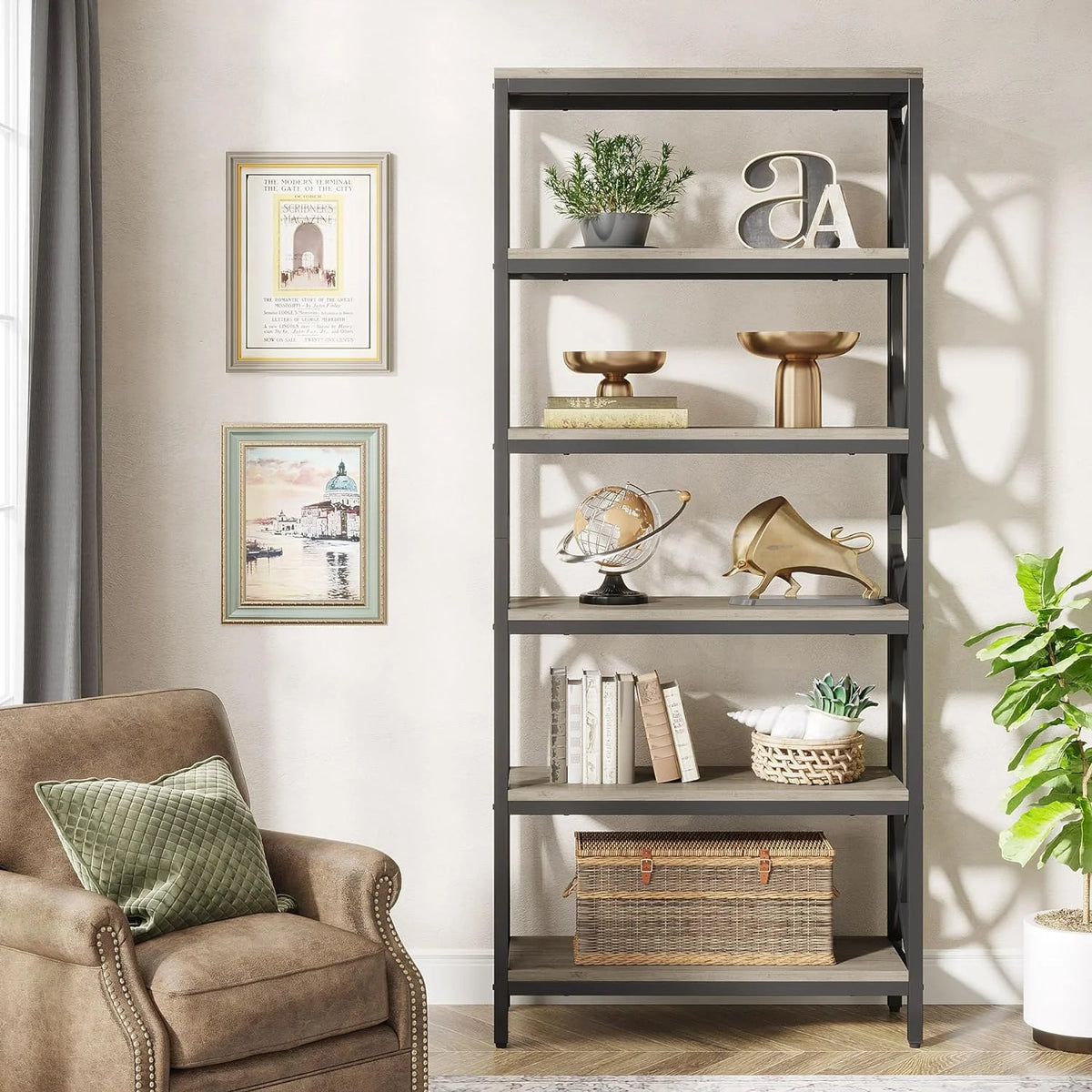 70.8" 6-Tier Metal & Wood Bookshelf M355682