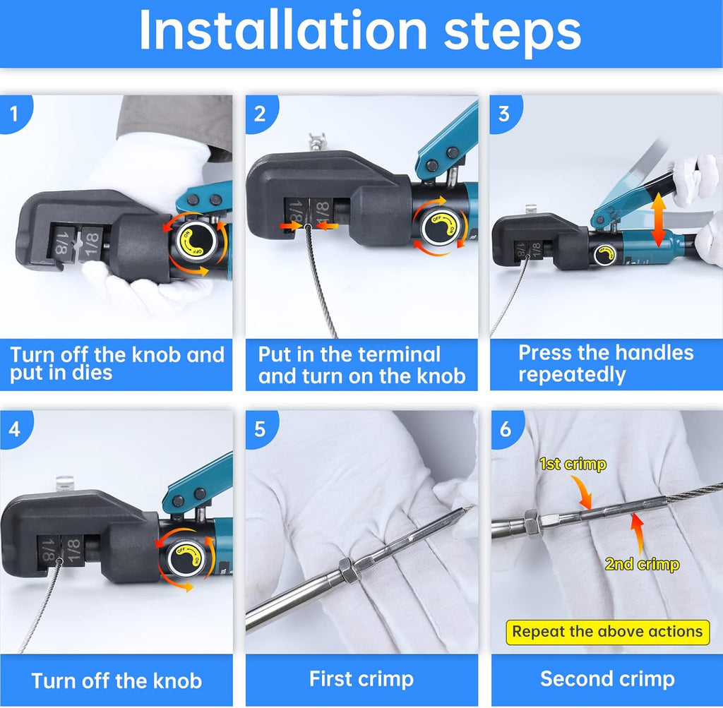 Hydraulic Hand Crimper Tool for 1/8" Stainless Steel Cable Railing Hardware Wire Rope Swaging with Wire Cable Cutter X85205