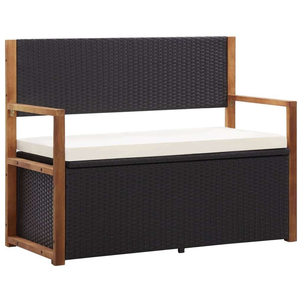 Black Poly Rattan and Solid Acacia Wood Storage Bench H91866