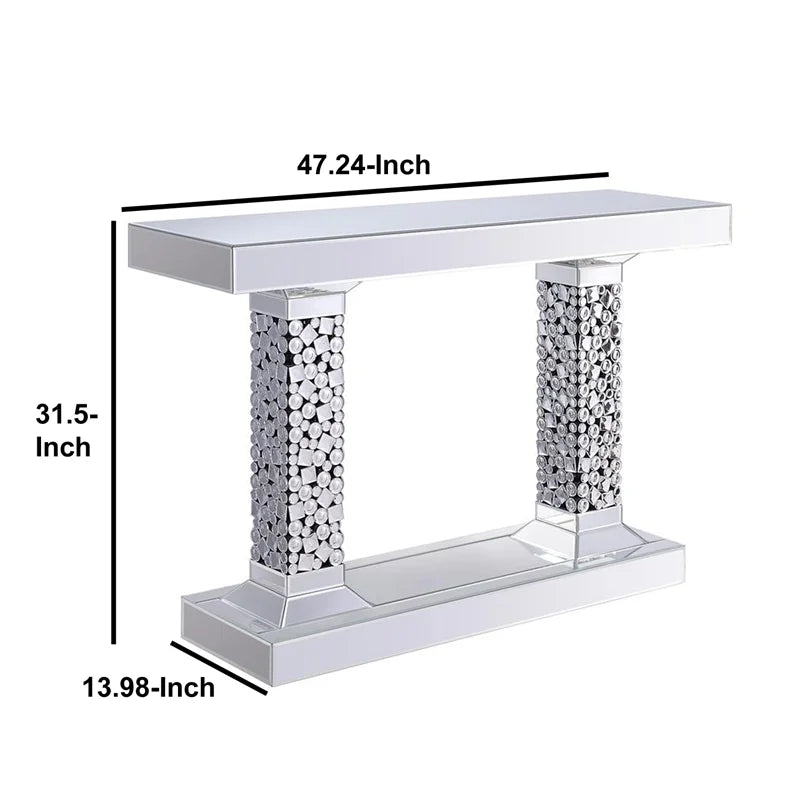 Wood and Mirror Console Table with Two Pedestal Base B4203