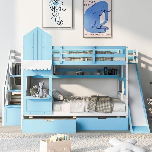 Gray Solid Wood Twin Over Twin Bunk Bed with Stairs and Slide H493288