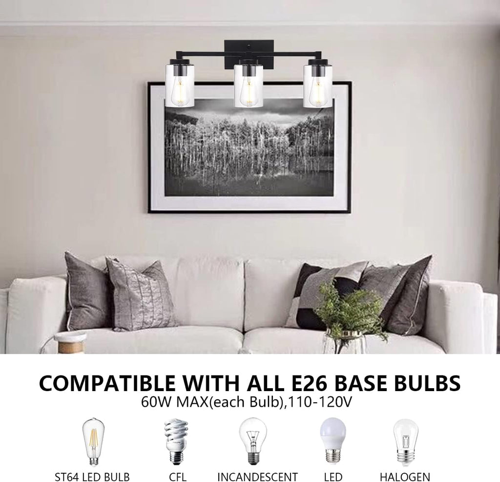 3 Light Matte Black Metal Vanity Light with Clear Glass Shade I262