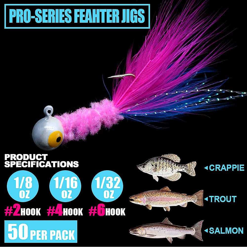 Marabou Feather Hair Jigs for Crappie Fishing Baits and Lures Kit Panfish Trout 1/8 1/16 1/32 oz Z401