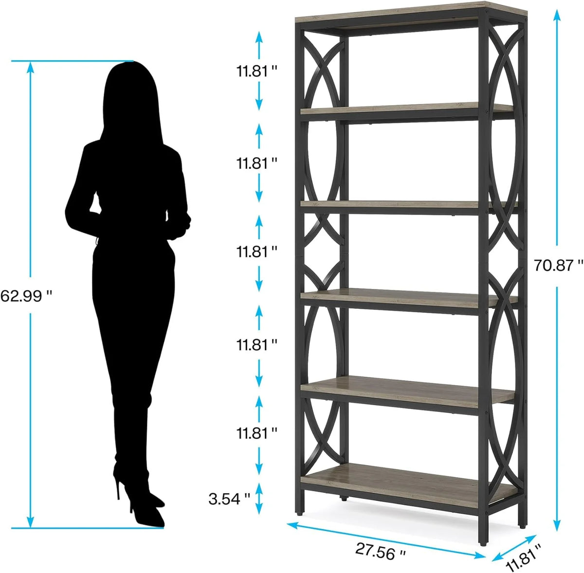 70.8" 6-Tier Metal & Wood Bookshelf M355682