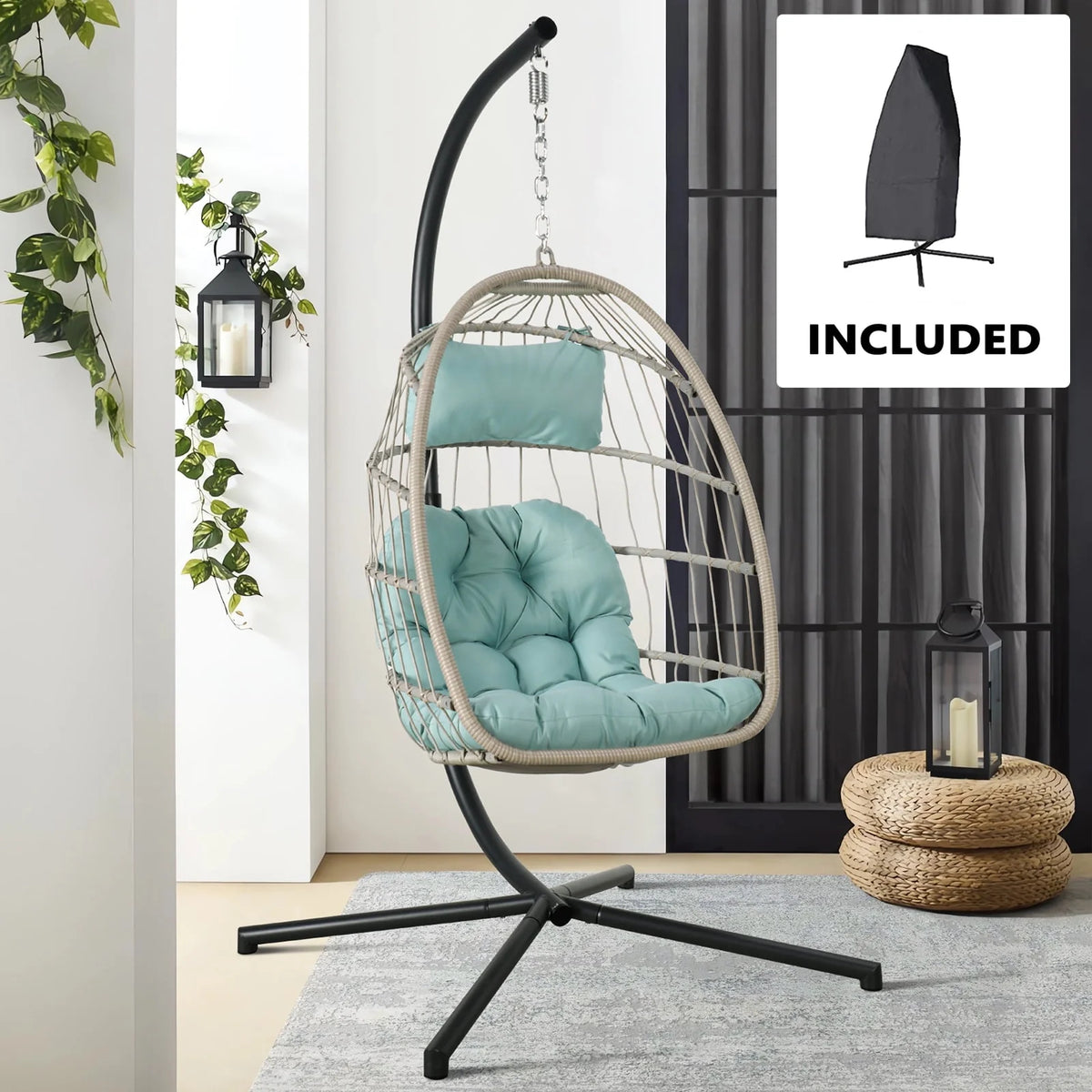 Grey Wicker Rattan Swing Egg Chair with Stand K486787