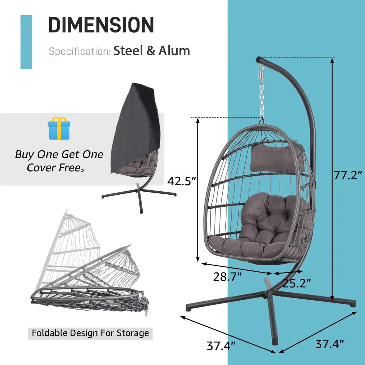 Grey Wicker Rattan Swing Egg Chair with Stand K486787
