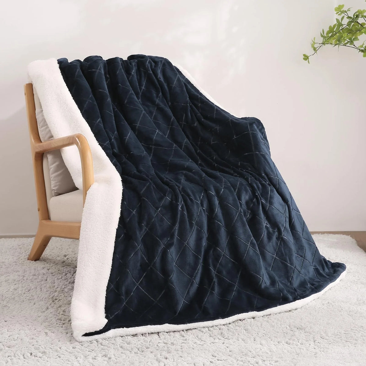 Dark Blue Flannel & Sherpa Electric Heated Throw Blanket 50"x 60" B509159