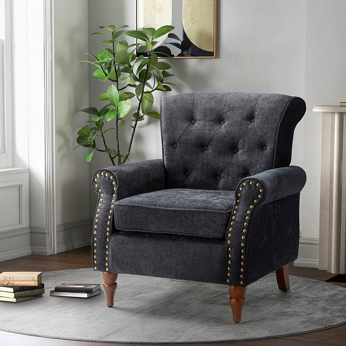 Charcoal Upholstered Accent Chair with Wood Legs Z1622