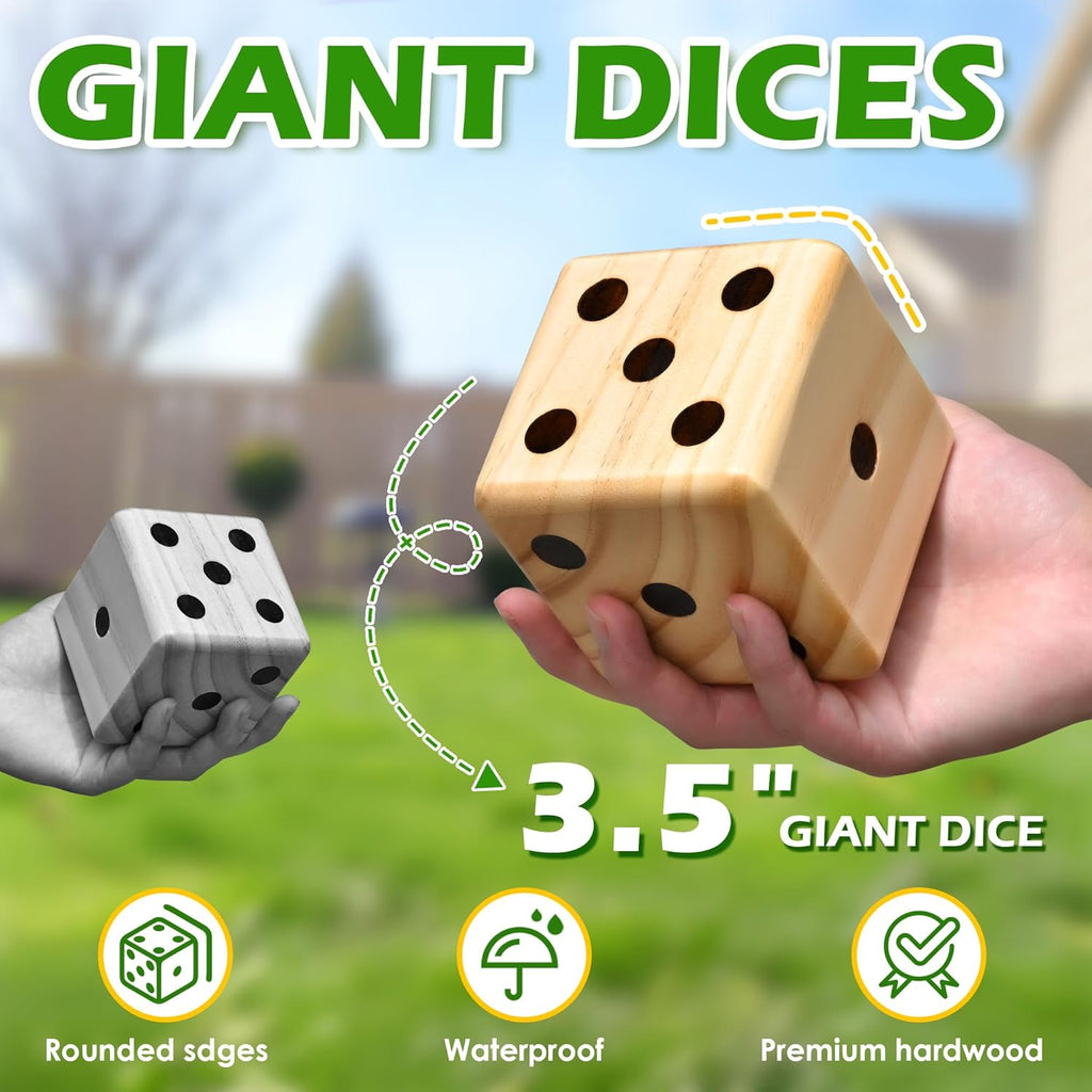3.5" Wooden Yard Dice Set includes 6 Dice, Collapsible Bucket, Score Cards & Dry Erase Marker F401320