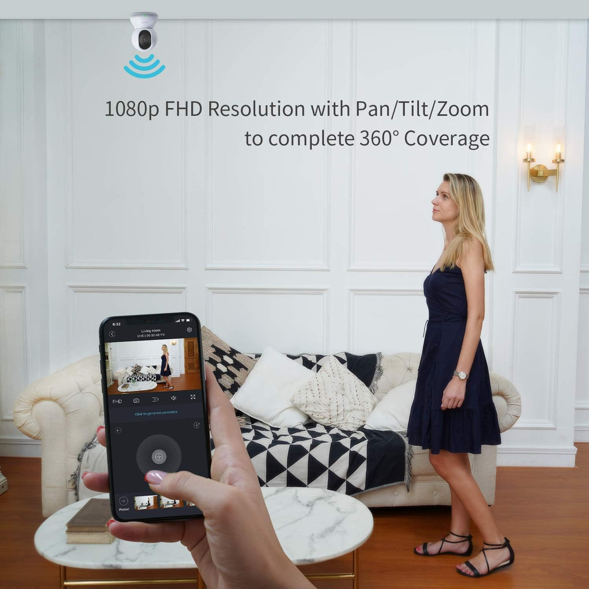 Indoor Security Camera PTZ 1080p WiFi Dome Camera with Two-Way Audio B73622