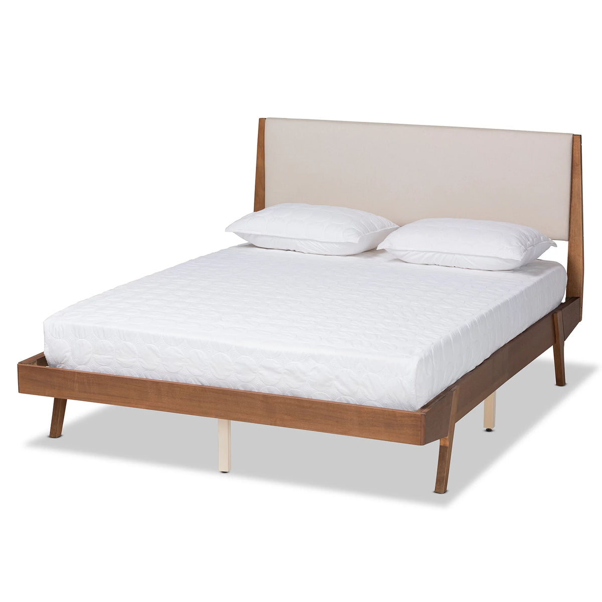 Beige Fabric Upholstered Walnut Brown Wood Queen Size Platform Bed W72764