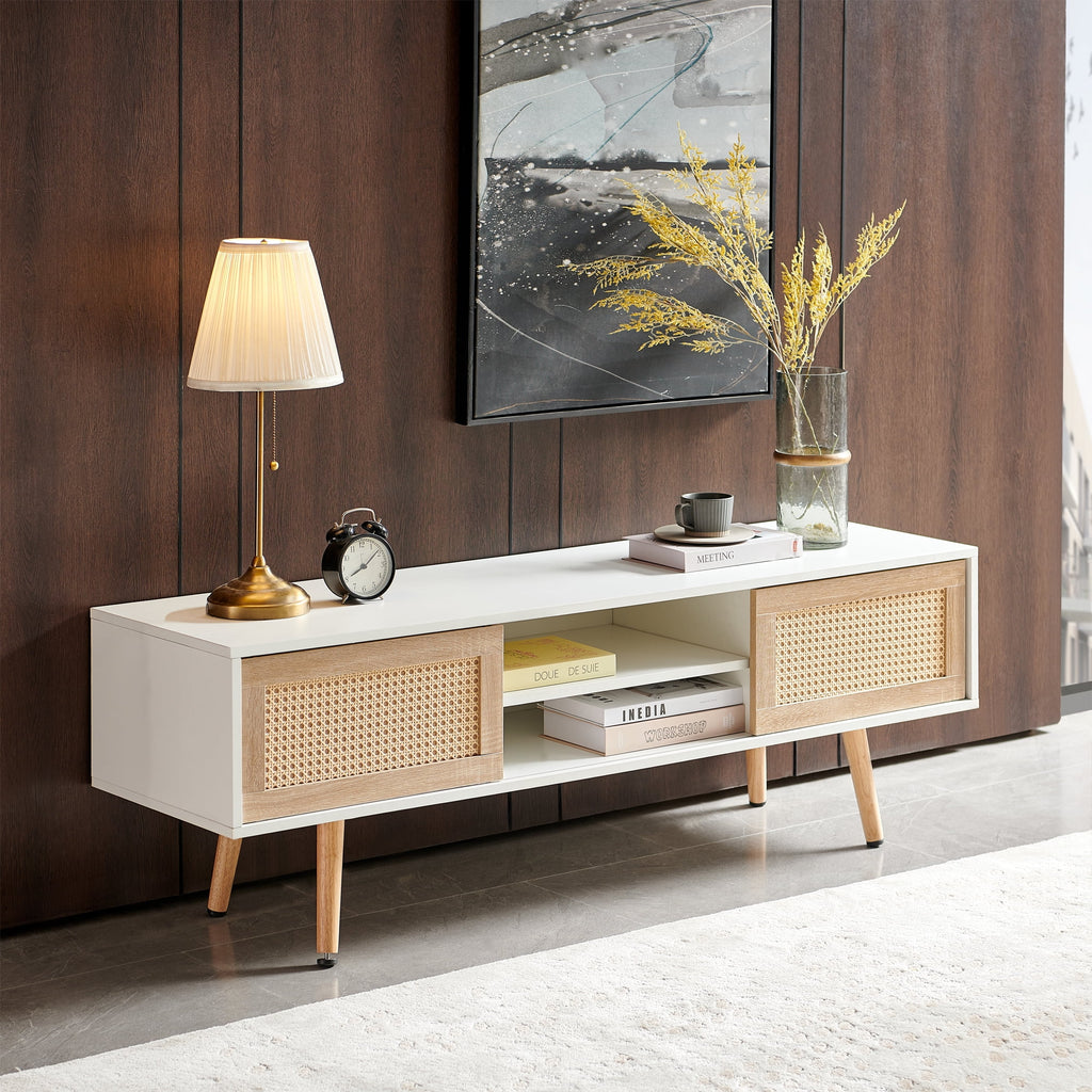 White Rattan TV Cabinet with Sliding Doors H7630