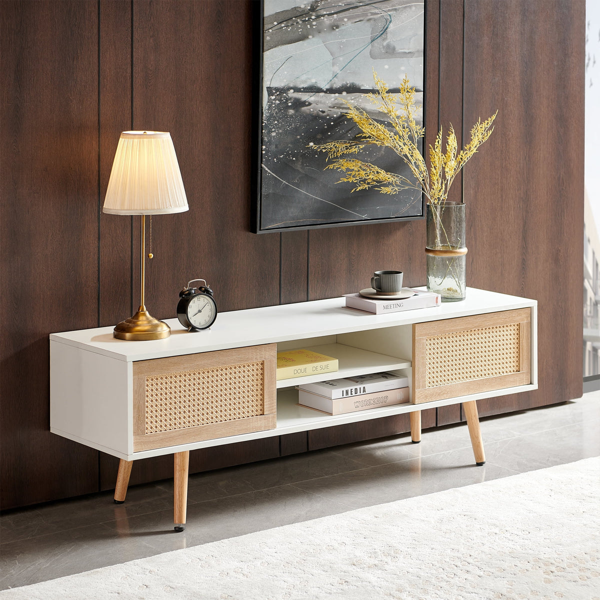 White Rattan TV Cabinet with Sliding Doors H7630