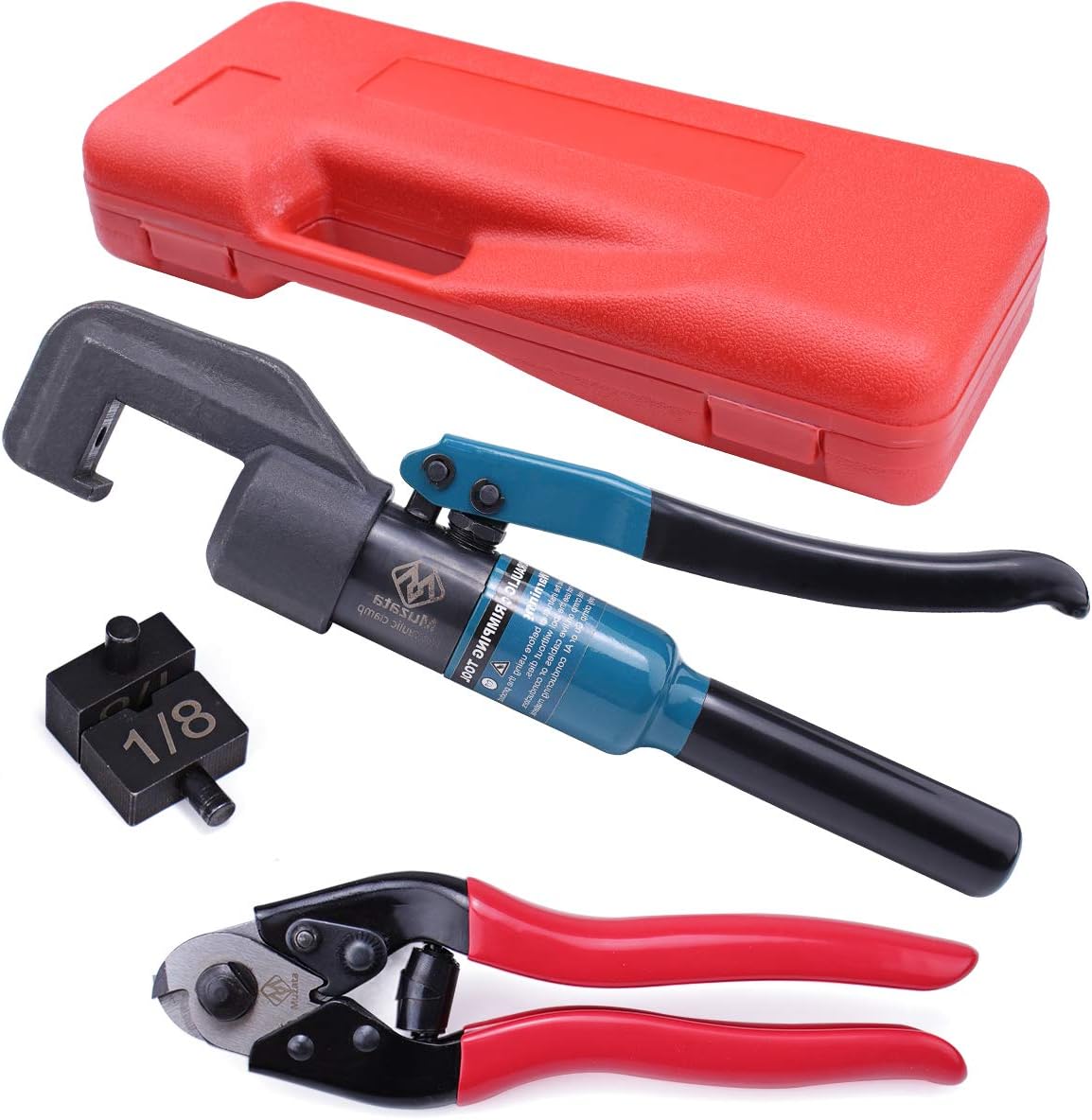 Hydraulic Hand Crimper Tool for 1/8" Stainless Steel Cable Railing Hardware Wire Rope Swaging with Wire Cable Cutter X85205