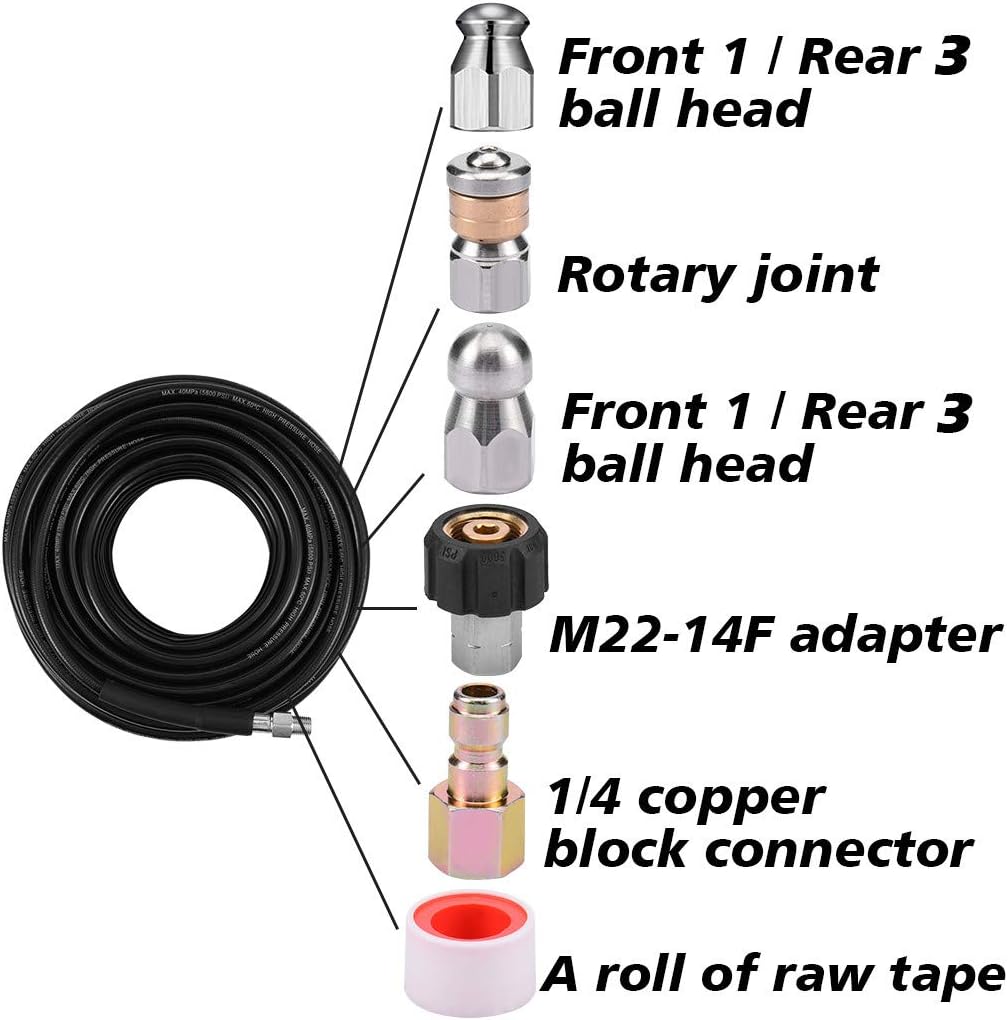 Sewer Jetter Kit 50FT for Pressure Washer, 5800PSI Drain Cleaner Hose 1/4 Inch NPT, Sewer Jetting Nozzle with Spanner Waterproof Tape D309