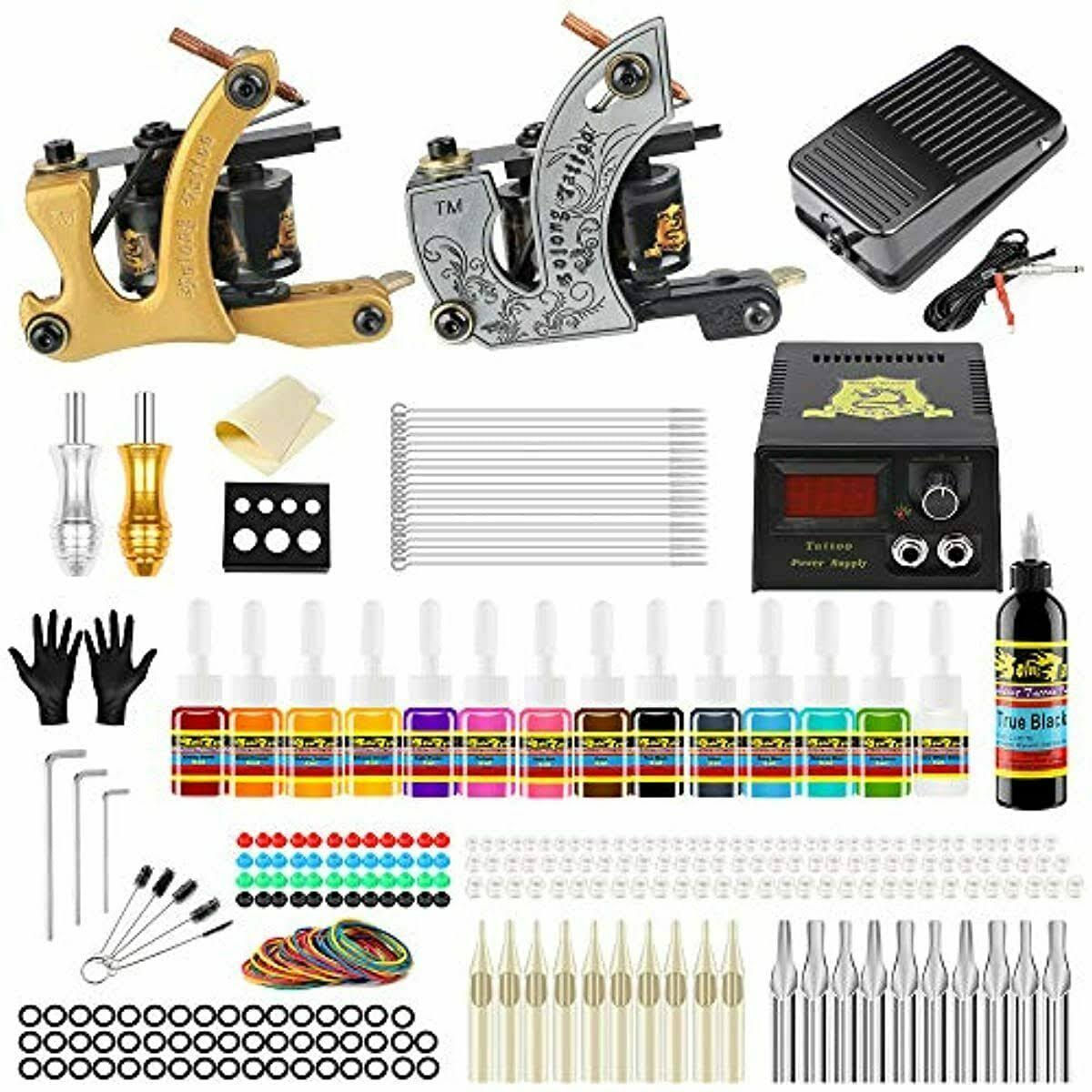 Complete Starter Tattoo Kit 2 Machine Guns 14 Inks Power Supply V2640